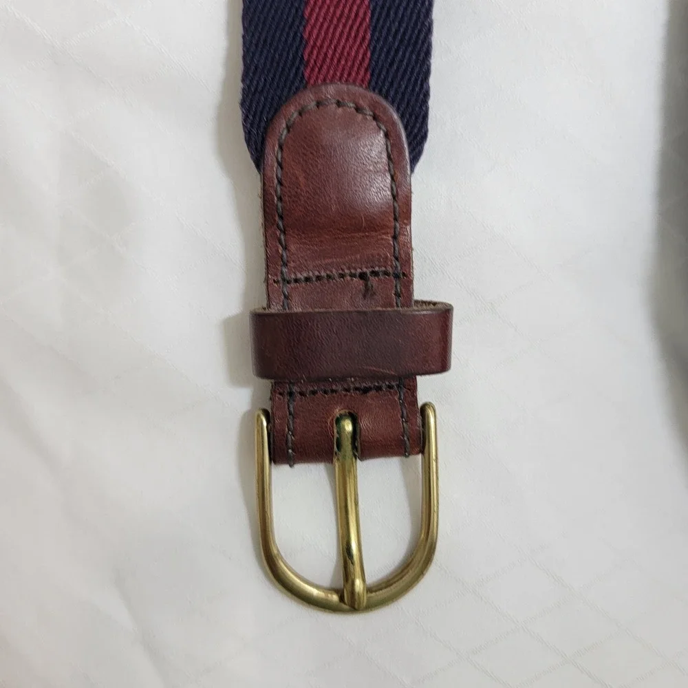 Mens Navy Burgundy Striped Wool Surcingle Belt Leather Solid Brass Buckle Sz 34